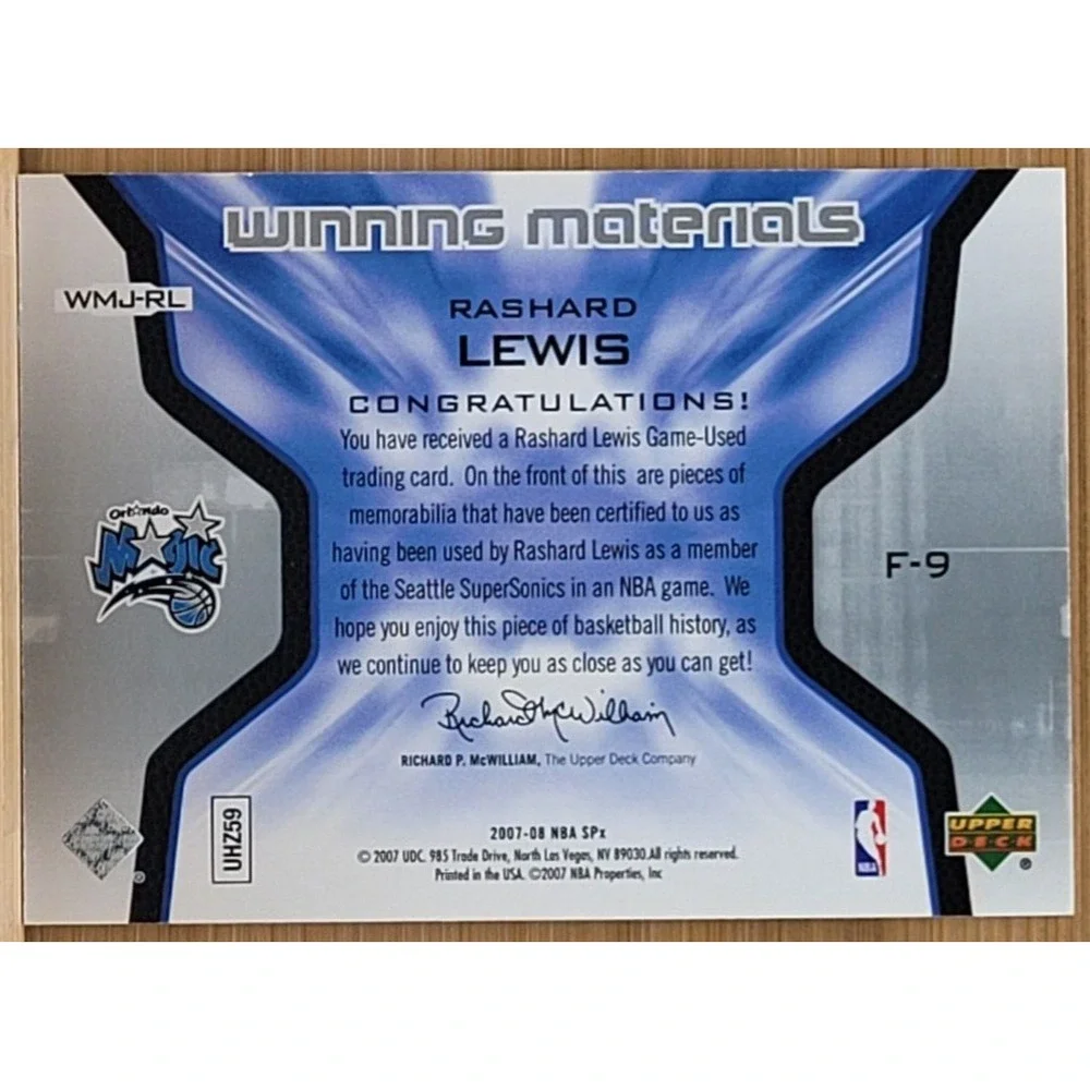 2007-08 SPX RASHARD LEWIS GAME USED RELIC WINNING MATERIALS SUPERSONICS‎